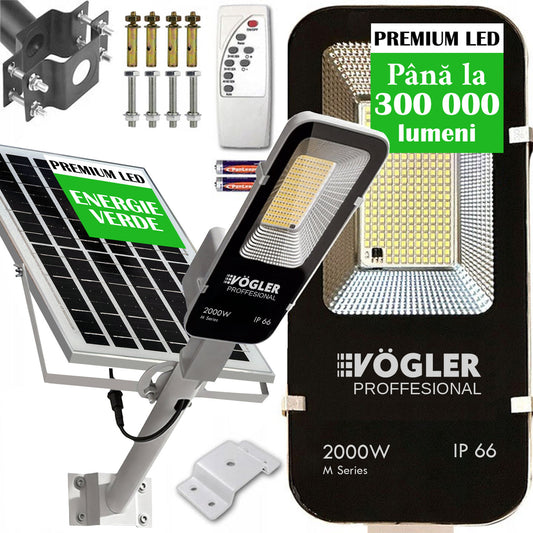 Lampă solară puternică, senzor crepuscular, telecomandă, Vögler Professional 2000W