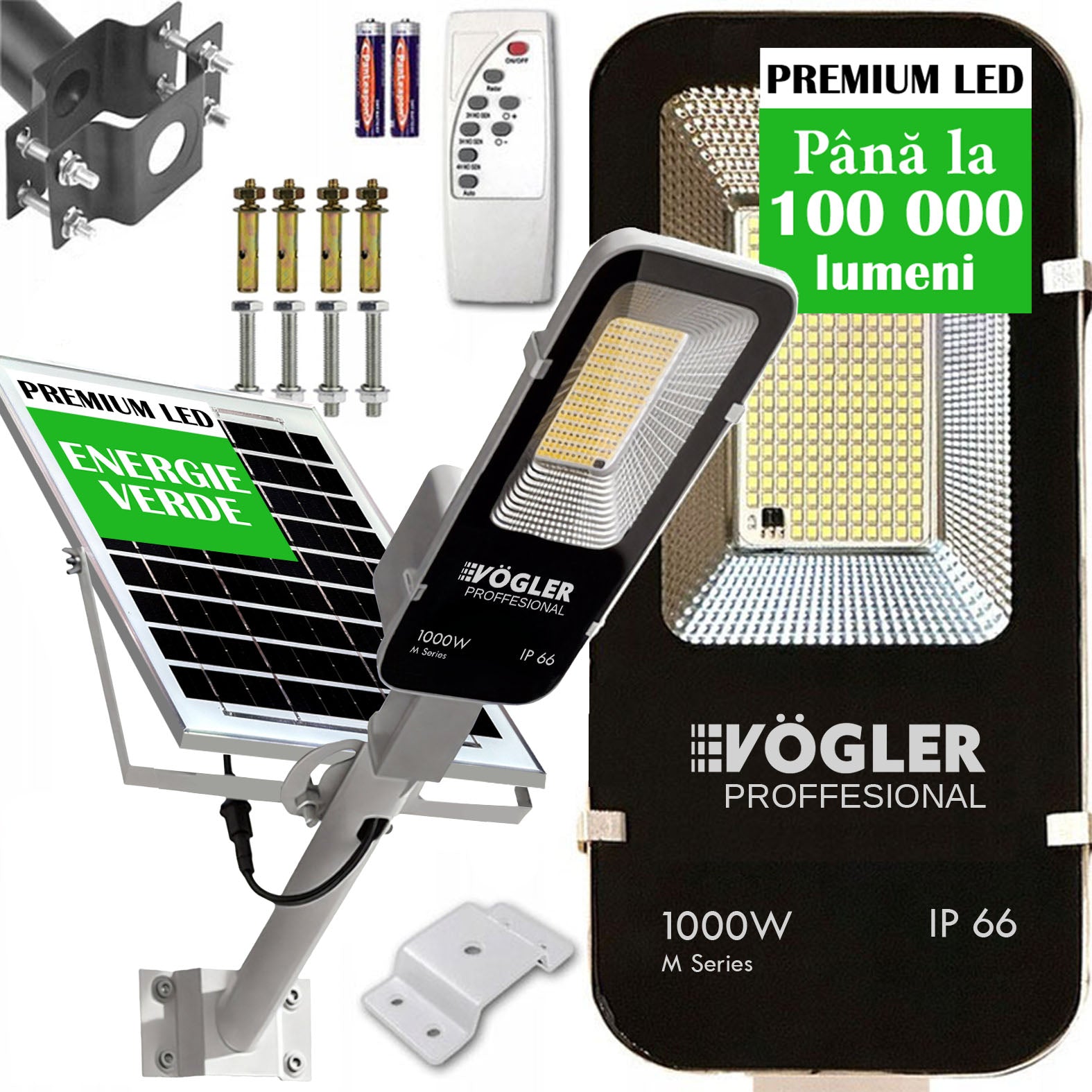 Lampă solară puternică, senzor crepuscular, telecomandă, Vögler Professional 1000W