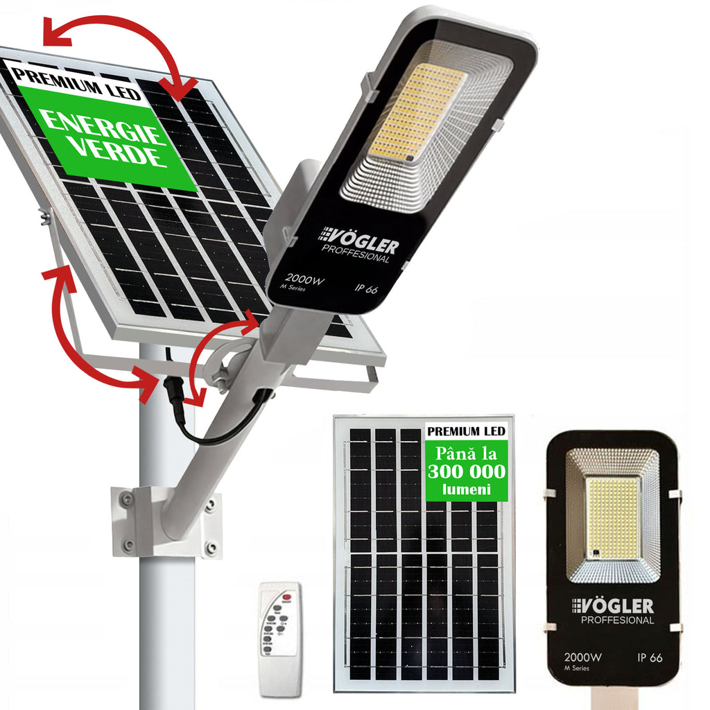 Lampă solară puternică, senzor crepuscular, telecomandă, Vögler Professional 2000W
