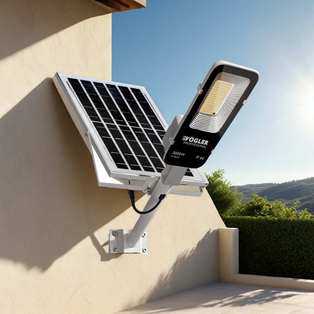 Lampă solară puternică, senzor crepuscular, telecomandă, Vögler Professional 2000W