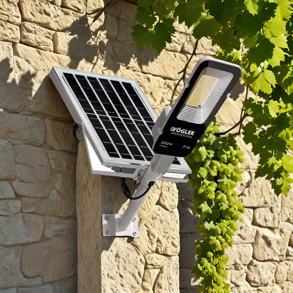 Lampă solară puternică, senzor crepuscular, telecomandă, Vögler Professional 2000W