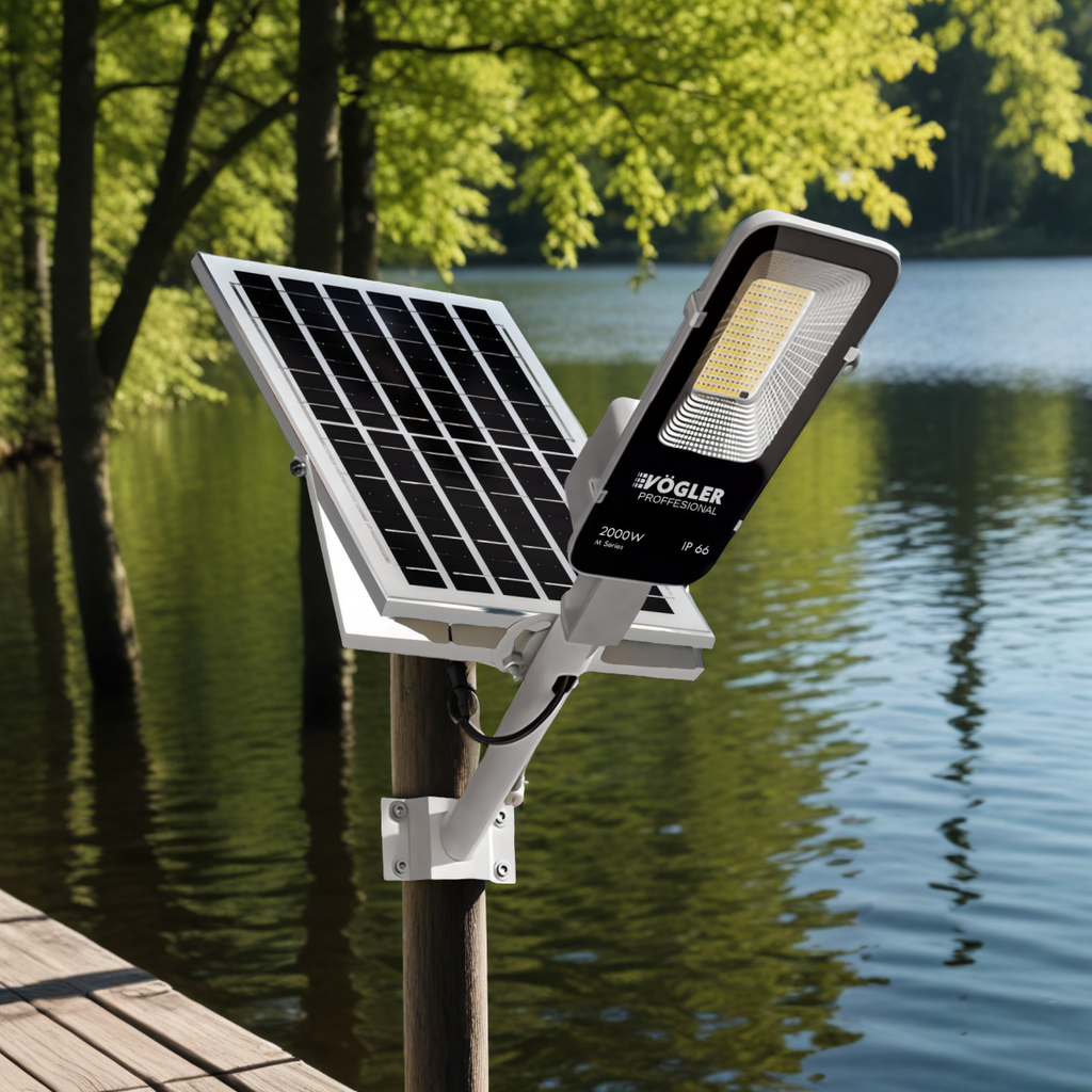 Lampă solară puternică, senzor crepuscular, telecomandă, Vögler Professional 2000W